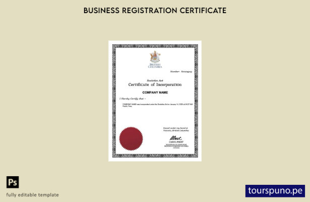 listo para imprimir certificado de incorporación de Columbia Británica Plantilla